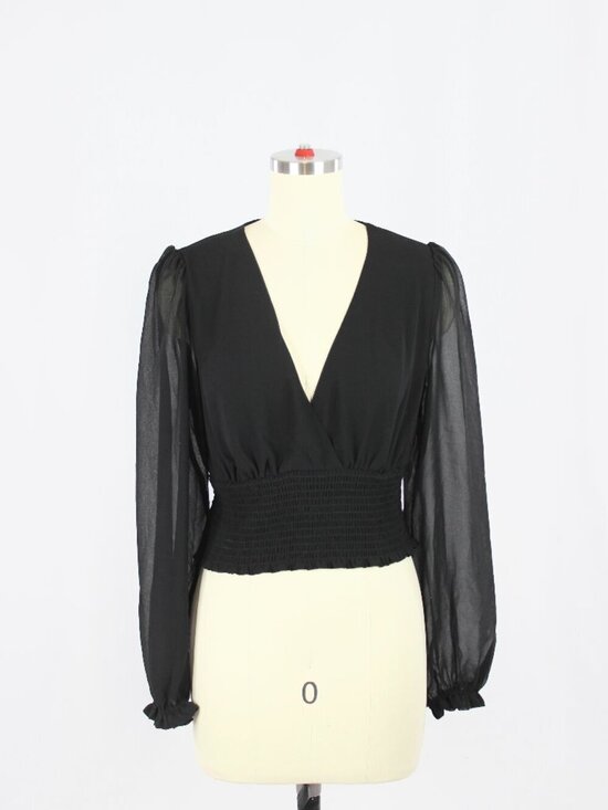 Aritzia Tops - Aritzia WILFRED Wistful Black Chiffon Smocked Puff Sleeve V-Neck Blouse, Size S